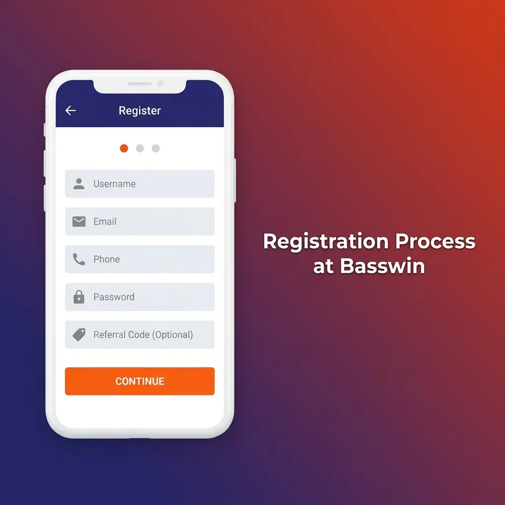 Basswin registration process steps showing sign-up form, email verification, profile setup, and first deposit to claim welcome bonus